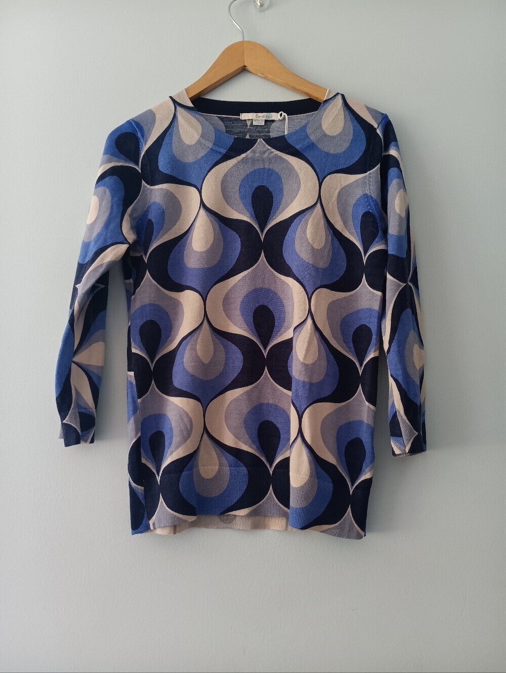 NWT Boden Hand Printed Blue Pattern Long Sleeve Wool Sweater 8